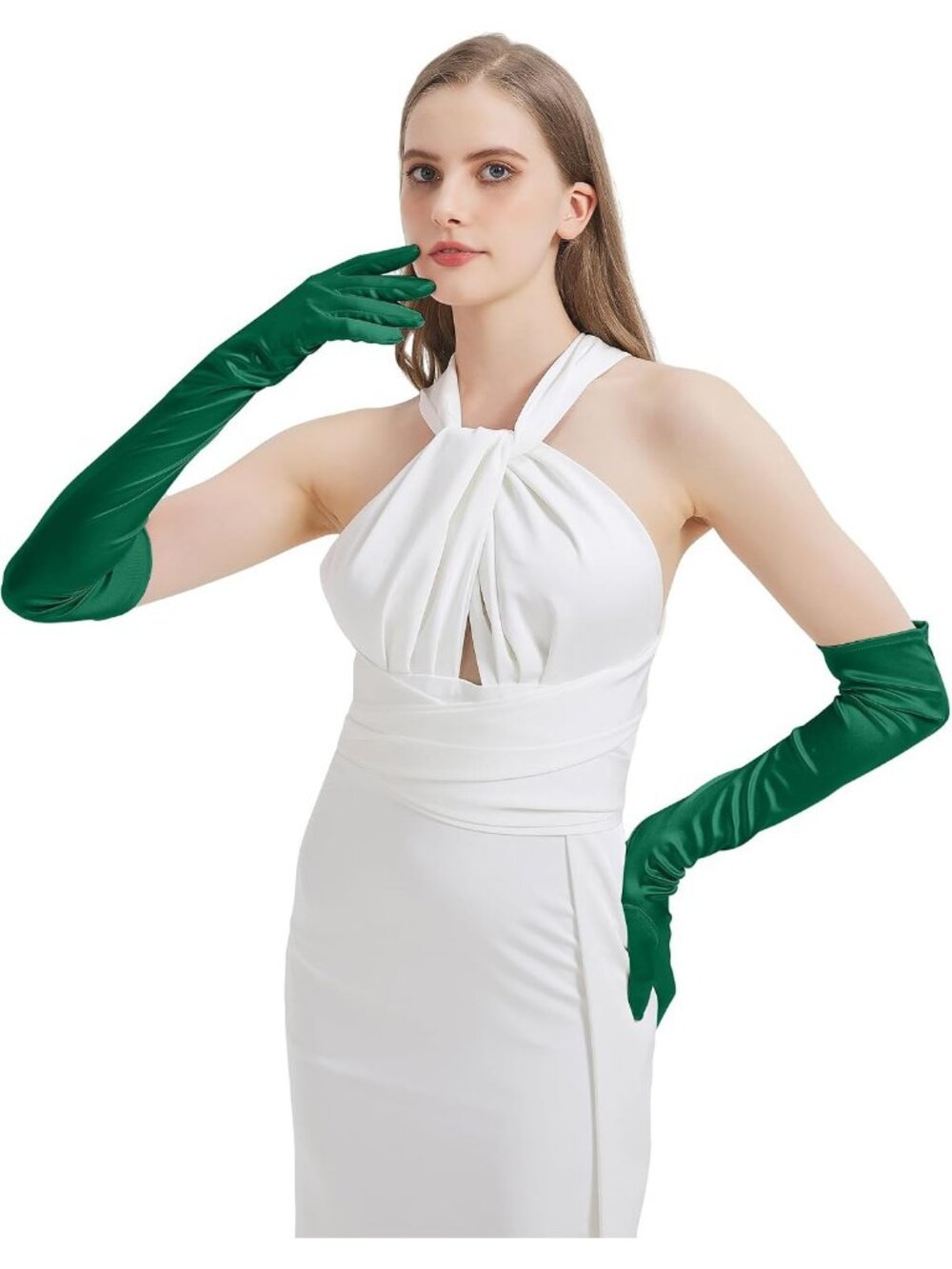 Women's Green Satin Opera Elbow Length 1920s Flapper Long Gloves Party - Picture 7 of 7